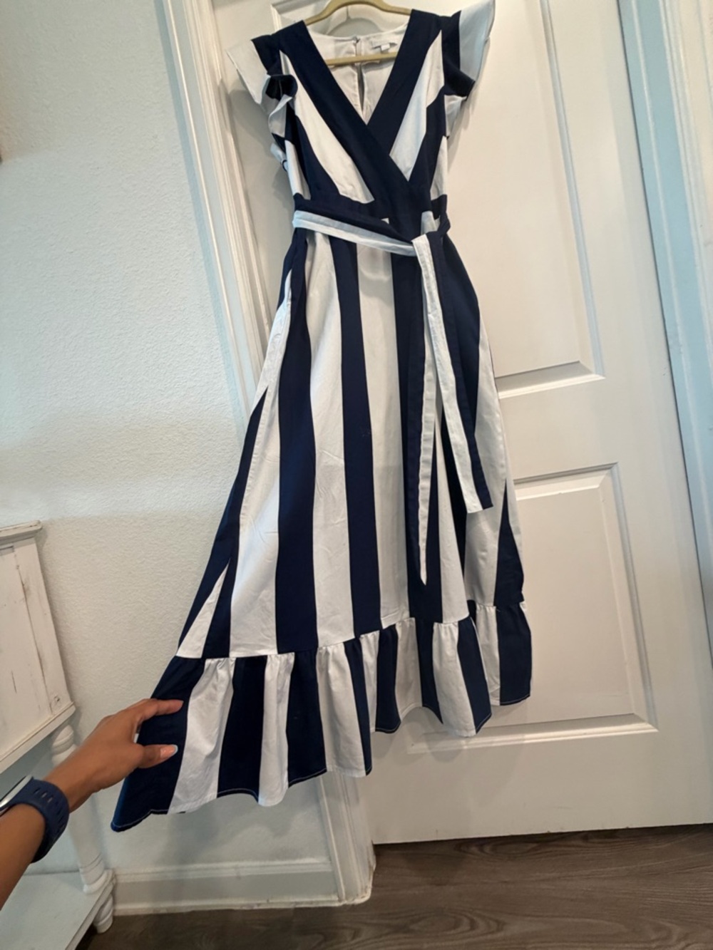 New York & Company Navy and White Striped Wrap Maxi Dress